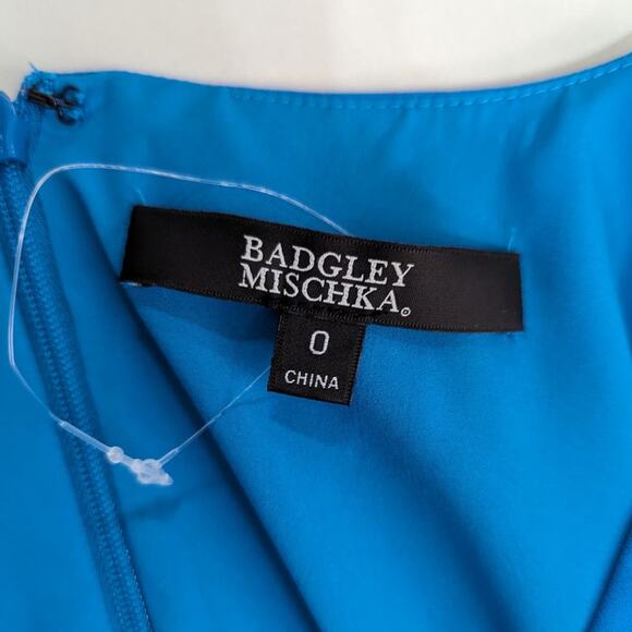 Badgley Mischka Odessa Split Front Crepe Gown V-Neck Puff Sleeves Blue Size 0 - Picture 7 of 15